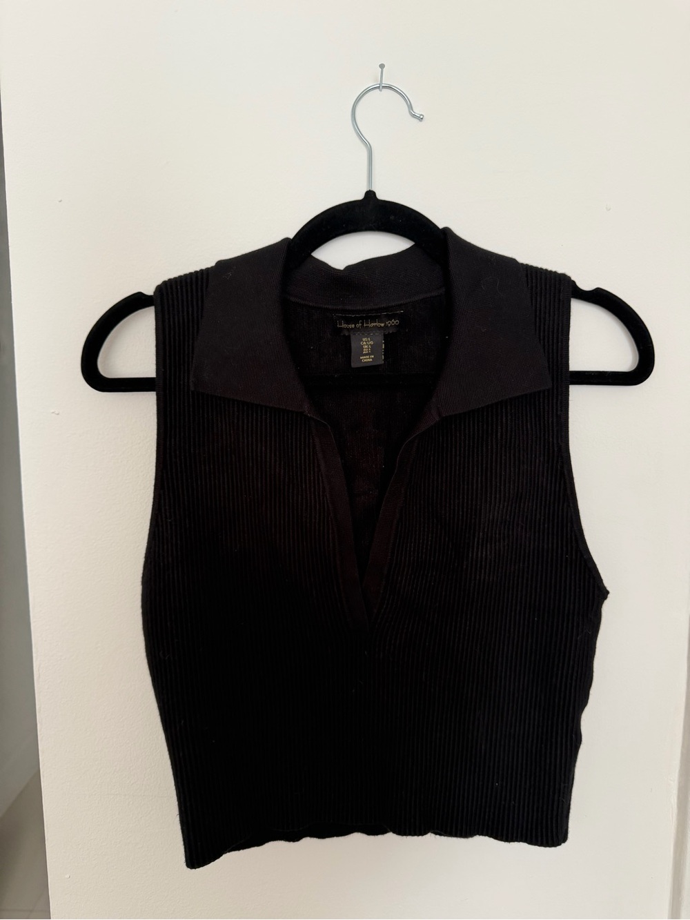 House of Harlow 1960 Black Ribbed Sleeveless Polo Tank